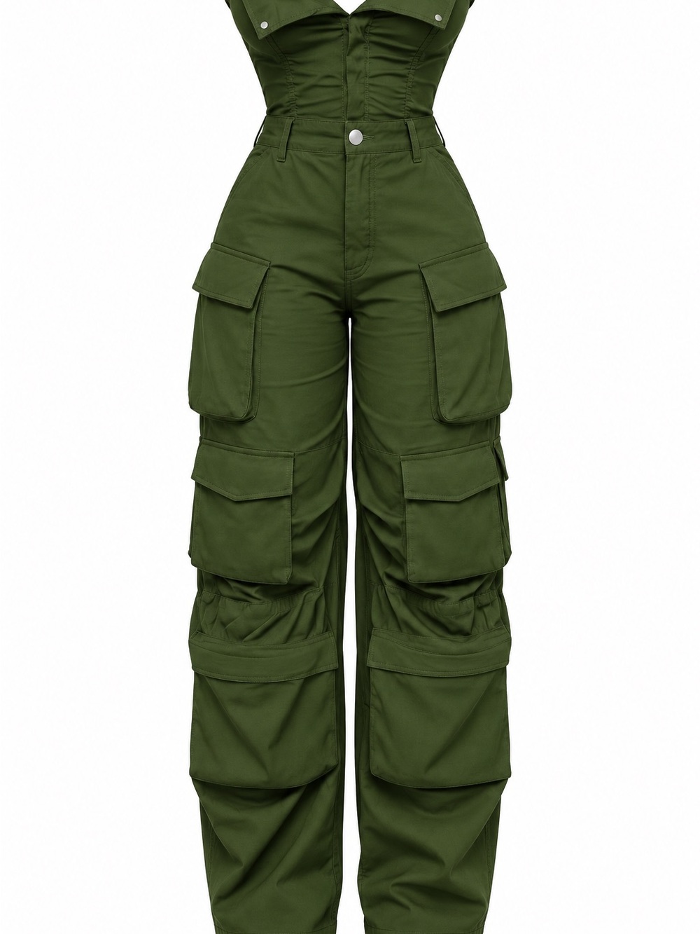 Source Unknown Olive Green Wide-Leg Cargo Jumpsuit Pants